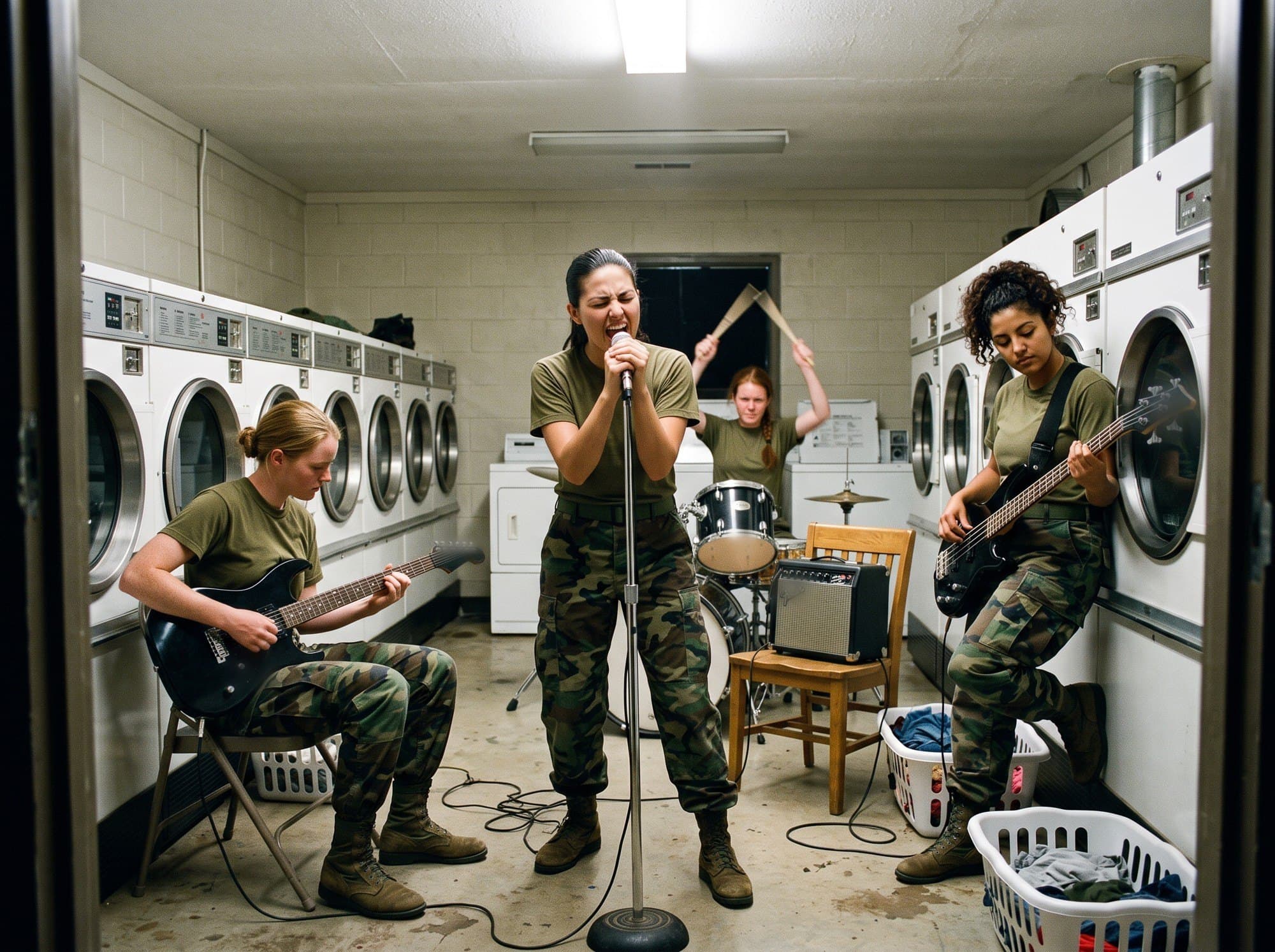 Four women soldiers in olive T-shirts and woodland camouflage trousers rehearsing in a barracks laundry room: a singer at a microphone stand, a seated guitarist, a bassist leaning on a dryer, and a drummer with sticks raised behind them