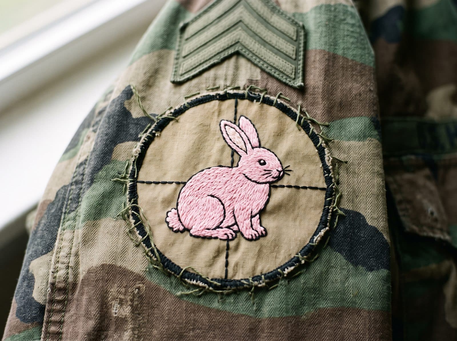 A hand-embroidered pink bunny patch on an olive drab jacket