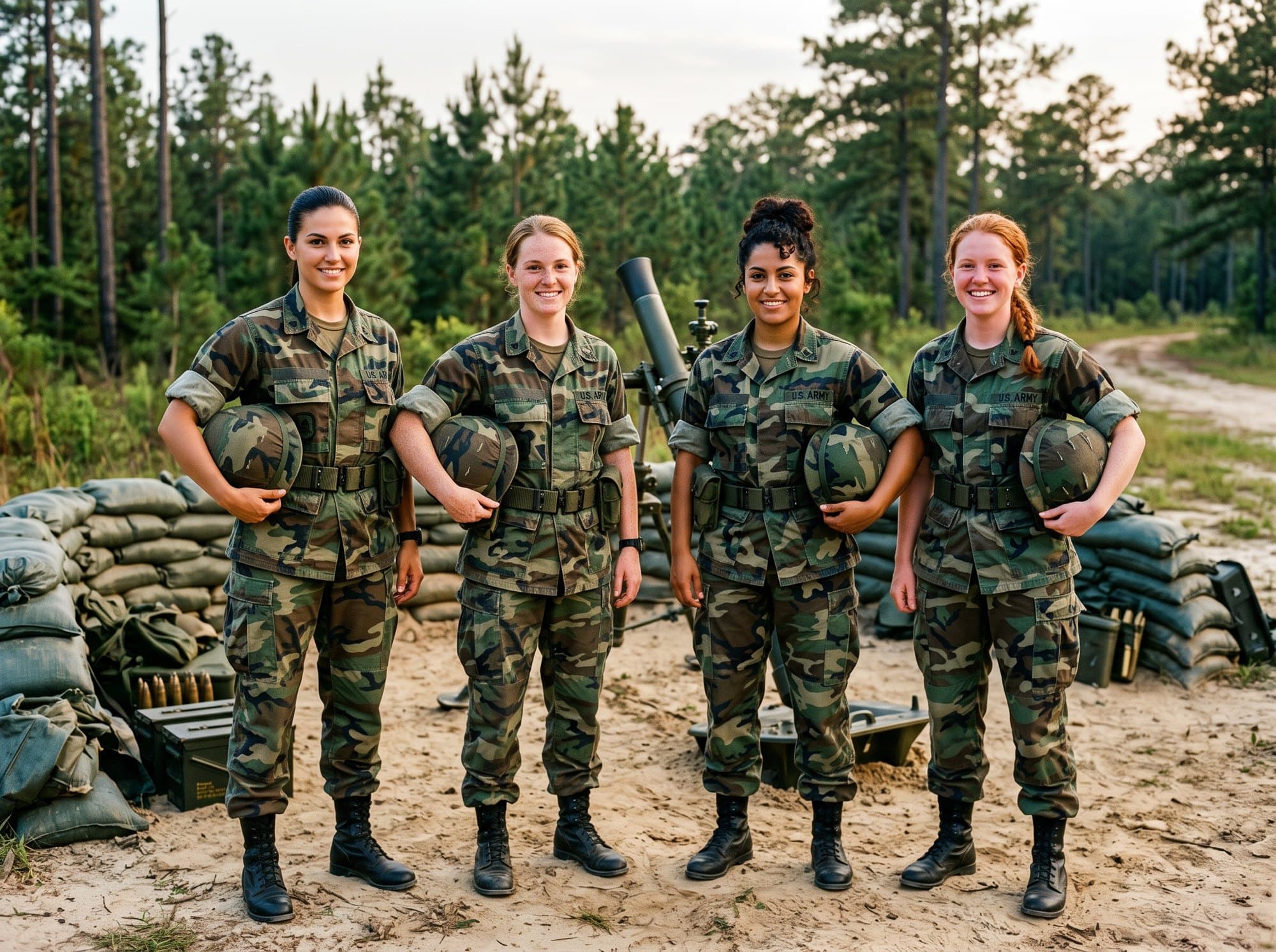 Four women soldiers in woodland camouflage uniforms holding their helmets, standing in front of a sandbagged mortar pit among longleaf pines