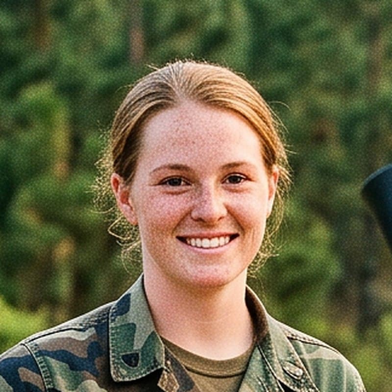Portrait of BRAMBLE, a woman soldier with blonde hair pulled back, in woodland camouflage