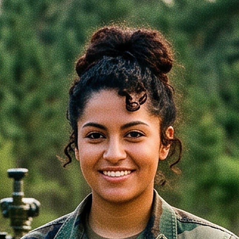 Portrait of CLOVER, a woman soldier with curly dark hair in a bun, in woodland camouflage