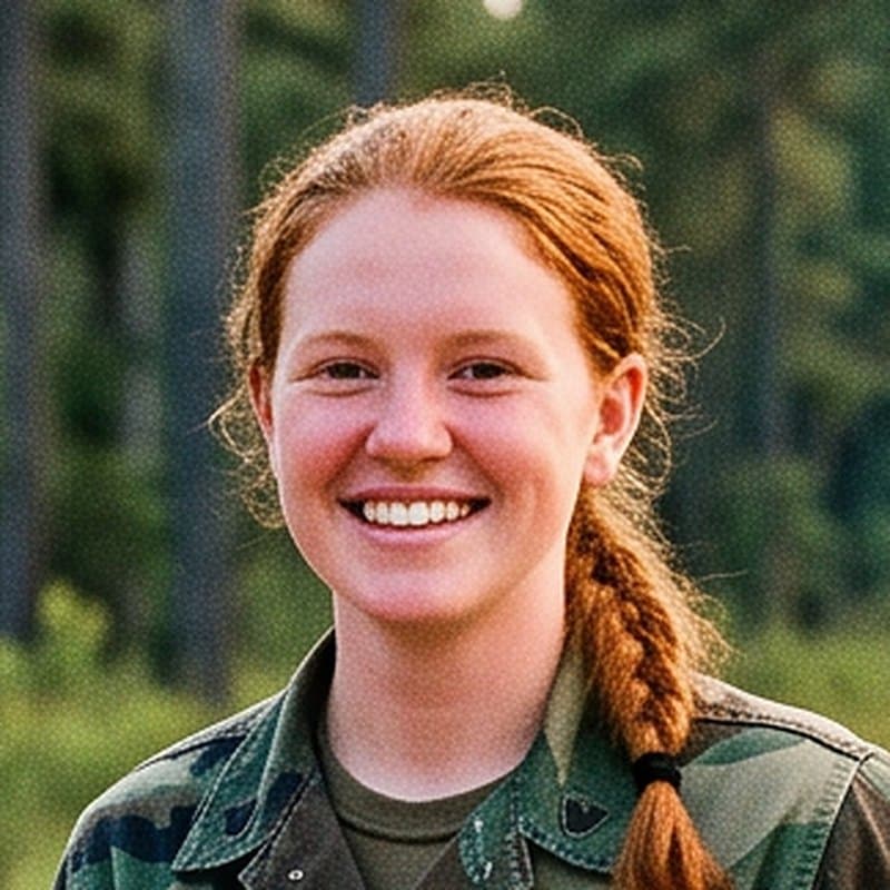 Portrait of THUMPER, a woman soldier with a long red braid, in woodland camouflage