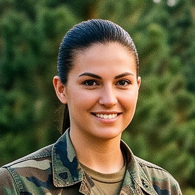 Portrait of WARREN, a woman soldier with long dark hair pulled back, in woodland camouflage