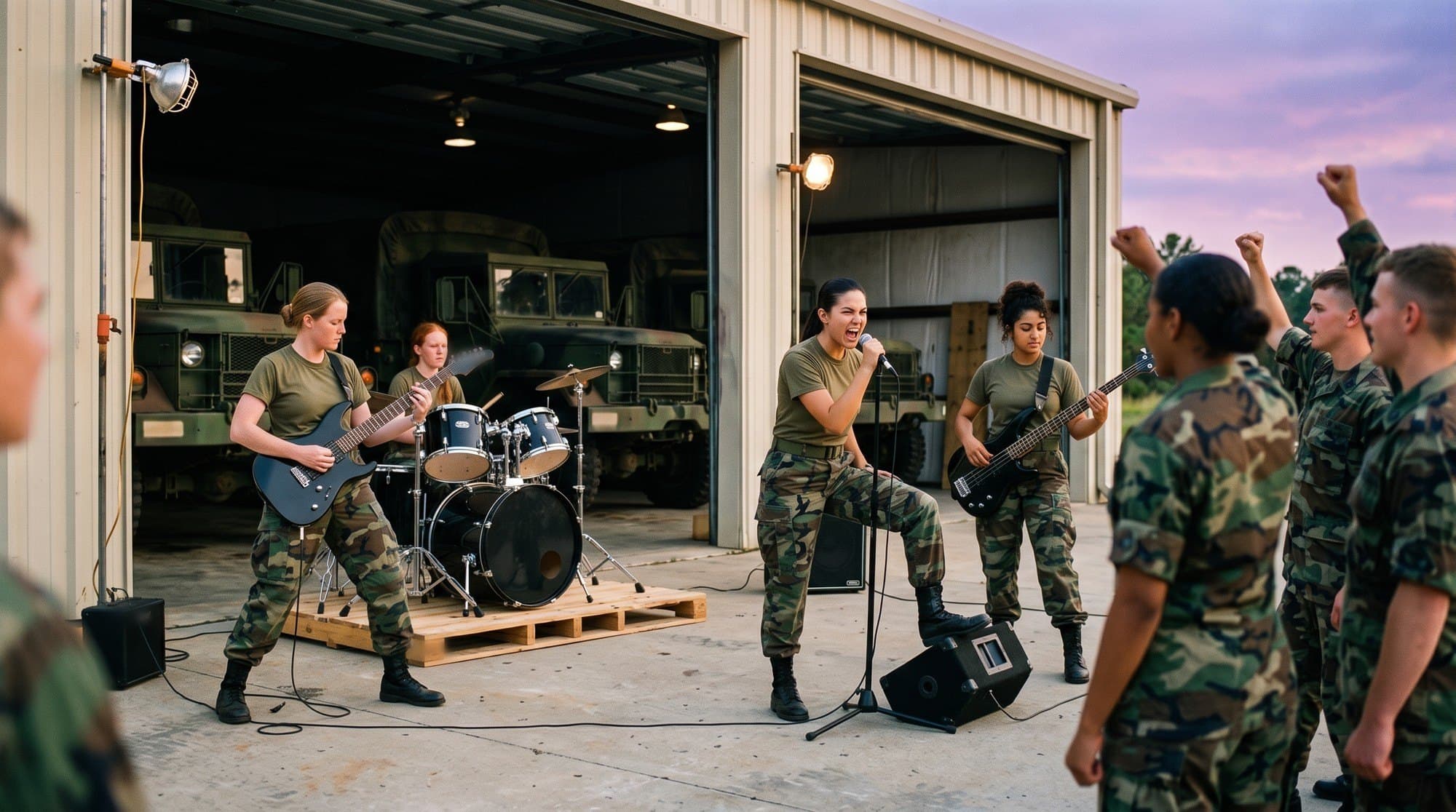 Four women soldiers playing outside an open motor pool bay at dusk, army trucks parked inside, the drum kit on a wooden pallet, soldiers in woodland camouflage, a woman soldier among them, cheering with fists raised