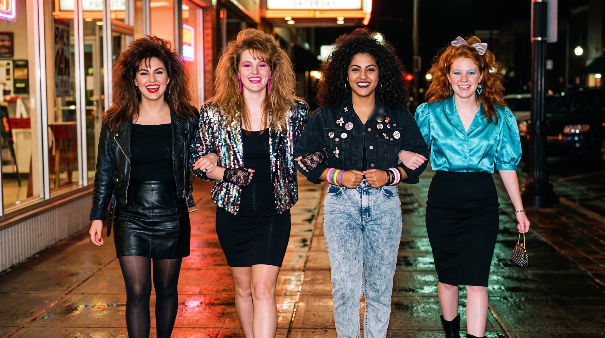 Four women dressed up in 1980s evening clothes walking arm in arm down a wet downtown street at night