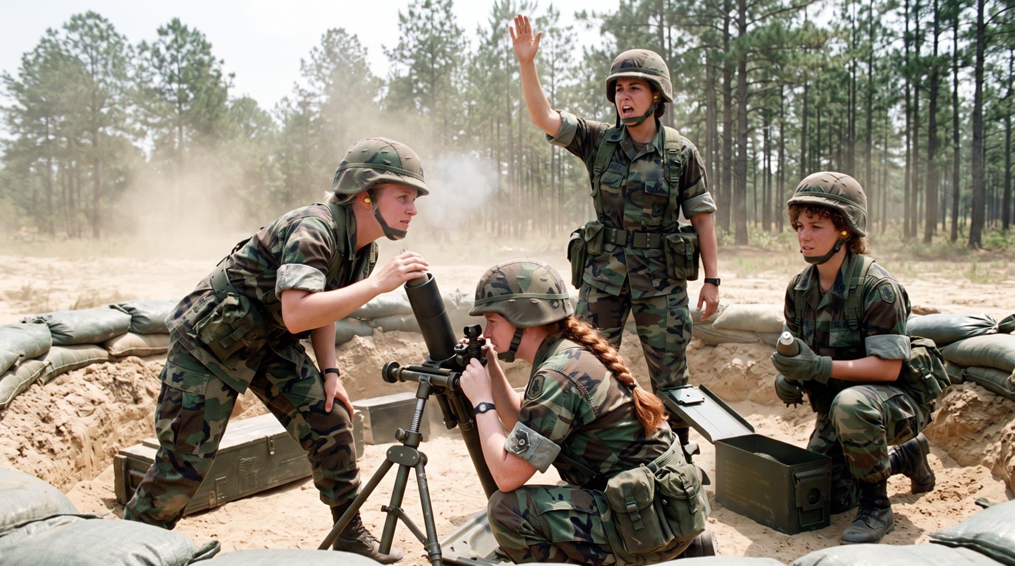 Four women soldiers in helmets and woodland camouflage at a sandbagged 60mm mortar position among pines: one at the muzzle, one with a red braid looking through the sight, one standing with her arm raised, one kneeling beside an ammunition can holding a round