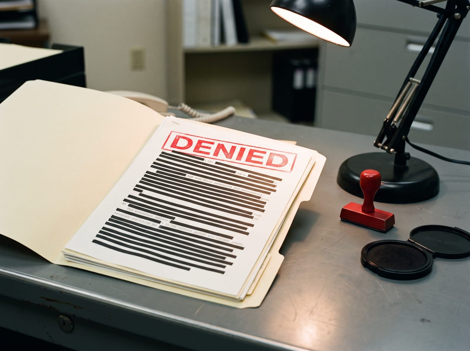 A manila folder of heavily redacted documents on a gray steel desk