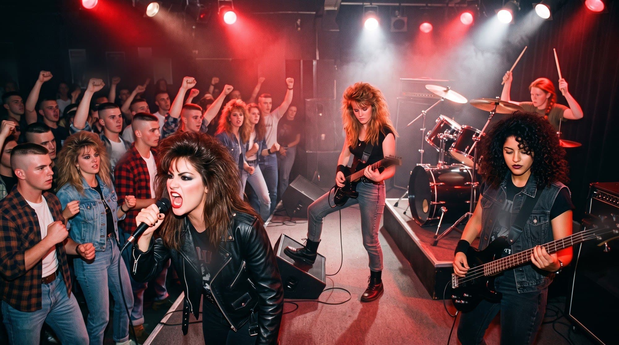Four women playing heavy metal on a club stage, the singer in a leather jacket, a mixed civilian and military crowd with fists raised